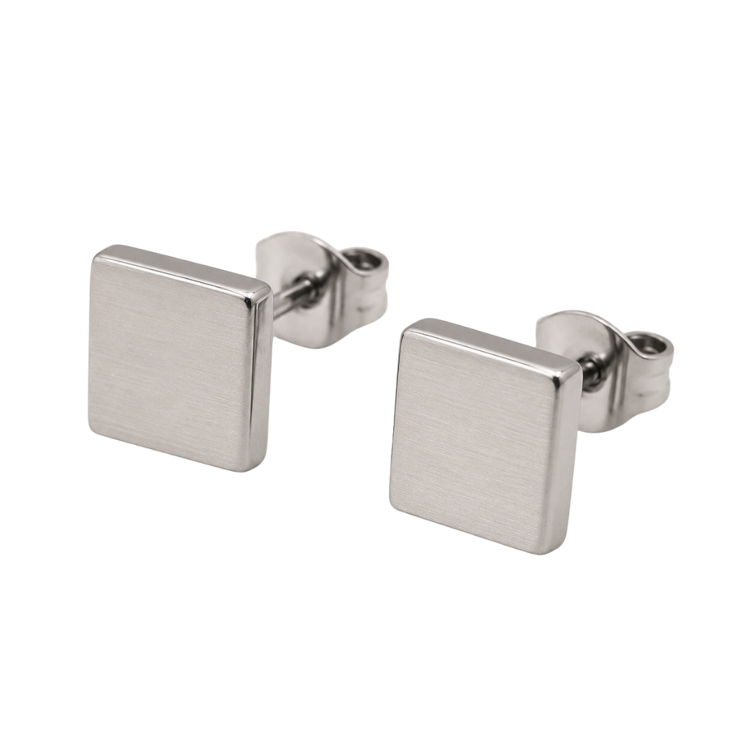 Brushed Stainless Steel Square Stud Earrings – Silver | Founsturt